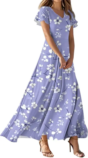 Women's Sundresses 2025 Casual Loose Trendy Short Sleeve V-Neck Floral Printed Beach Boho Maxi Dress, XS-2XL
