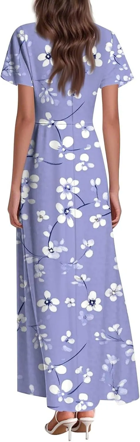 Women's Sundresses 2025 Casual Loose Trendy Short Sleeve V-Neck Floral Printed Beach Boho Maxi Dress, XS-2XL