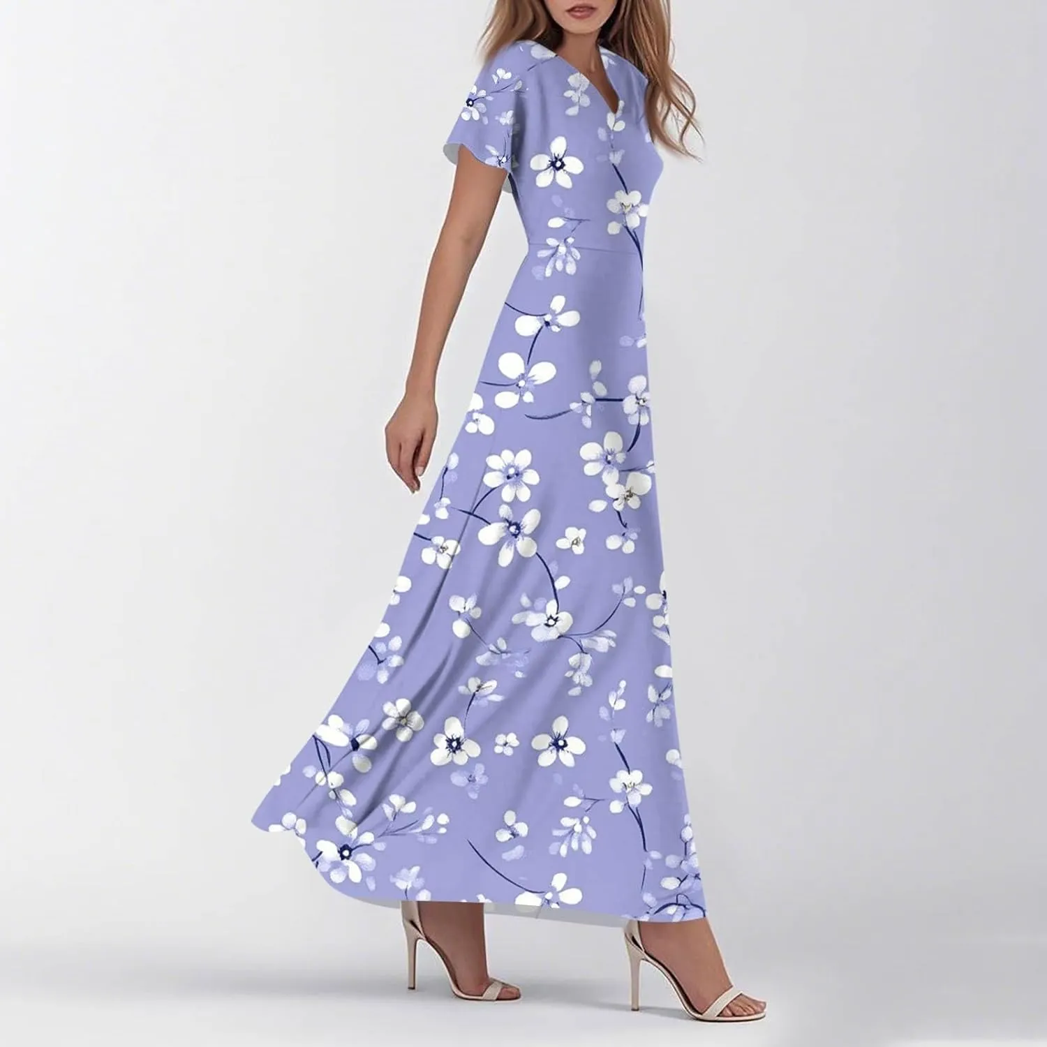 Women's Sundresses 2025 Casual Loose Trendy Short Sleeve V-Neck Floral Printed Beach Boho Maxi Dress, XS-2XL