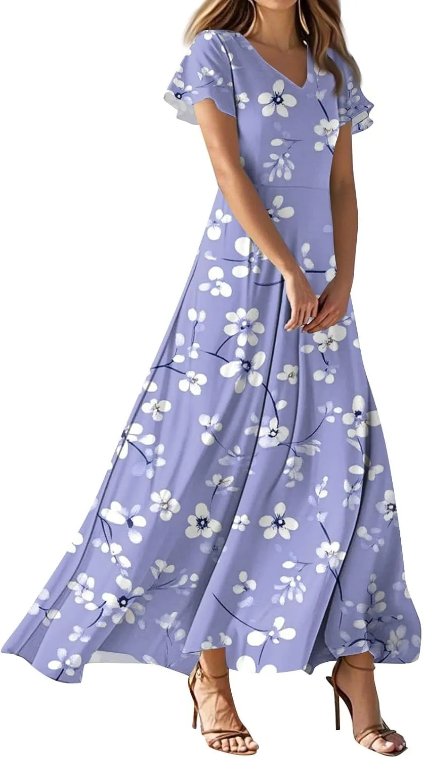 Women's Sundresses 2025 Casual Loose Trendy Short Sleeve V-Neck Floral Printed Beach Boho Maxi Dress, XS-2XL
