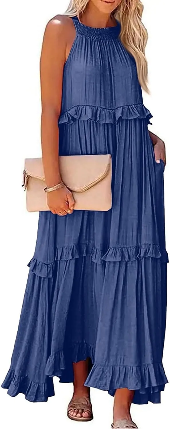 Womens Tiered Dress 2025 Summer Casual Sleeveless Tie Back Pleated Maxi Dress A Line Flowy Long Beach Sun Dresses