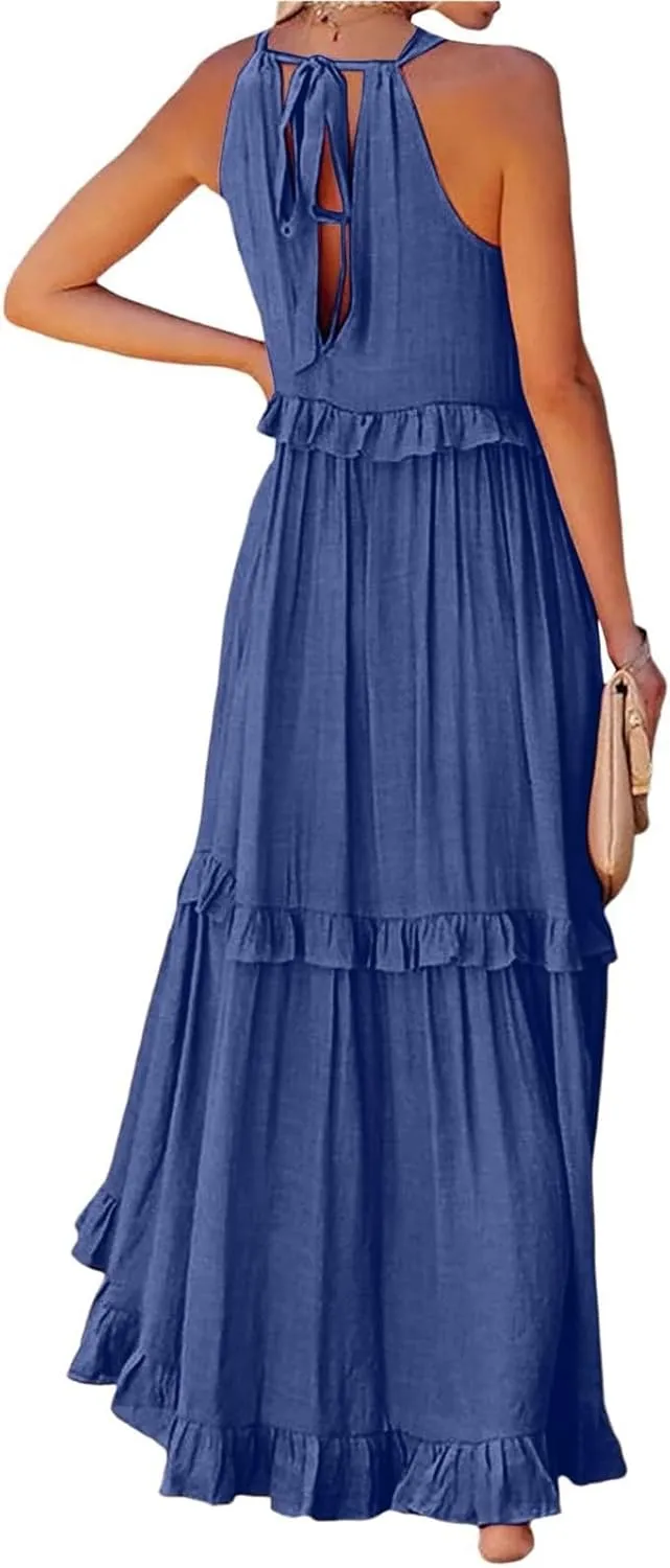 Womens Tiered Dress 2025 Summer Casual Sleeveless Tie Back Pleated Maxi Dress A Line Flowy Long Beach Sun Dresses