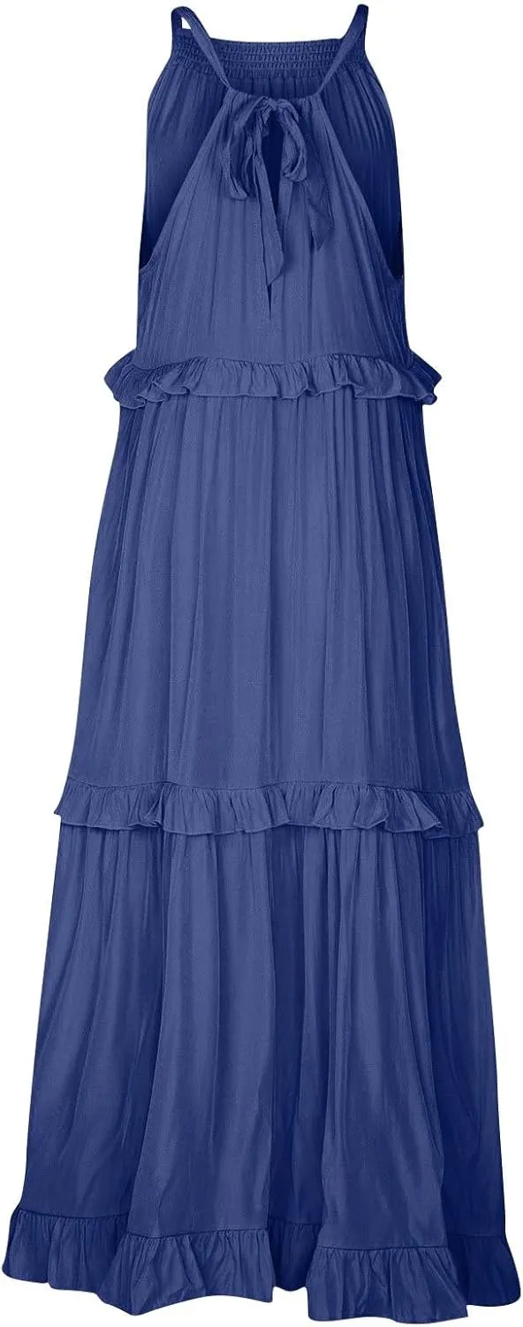 Womens Tiered Dress 2025 Summer Casual Sleeveless Tie Back Pleated Maxi Dress A Line Flowy Long Beach Sun Dresses