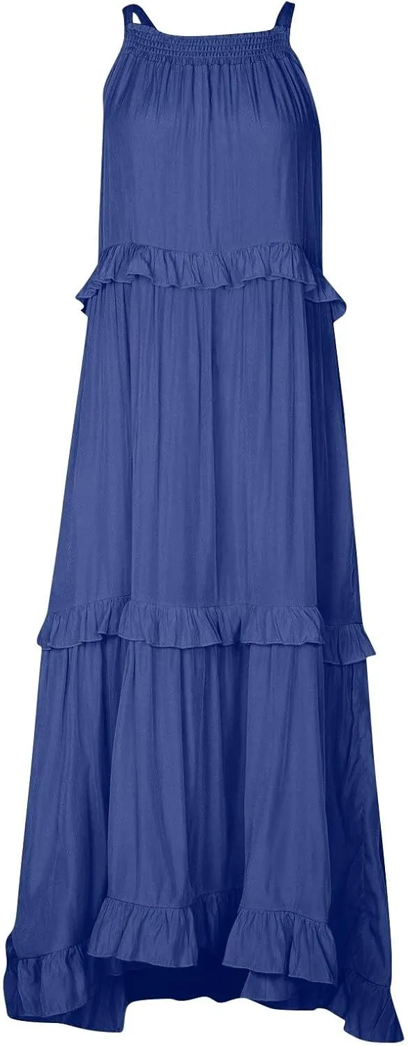 Womens Tiered Dress 2025 Summer Casual Sleeveless Tie Back Pleated Maxi Dress A Line Flowy Long Beach Sun Dresses