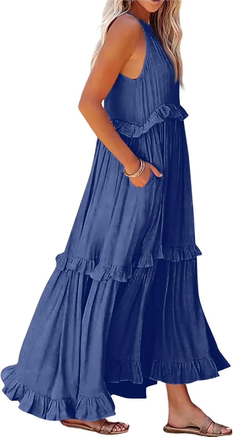 Womens Tiered Dress 2025 Summer Casual Sleeveless Tie Back Pleated Maxi Dress A Line Flowy Long Beach Sun Dresses