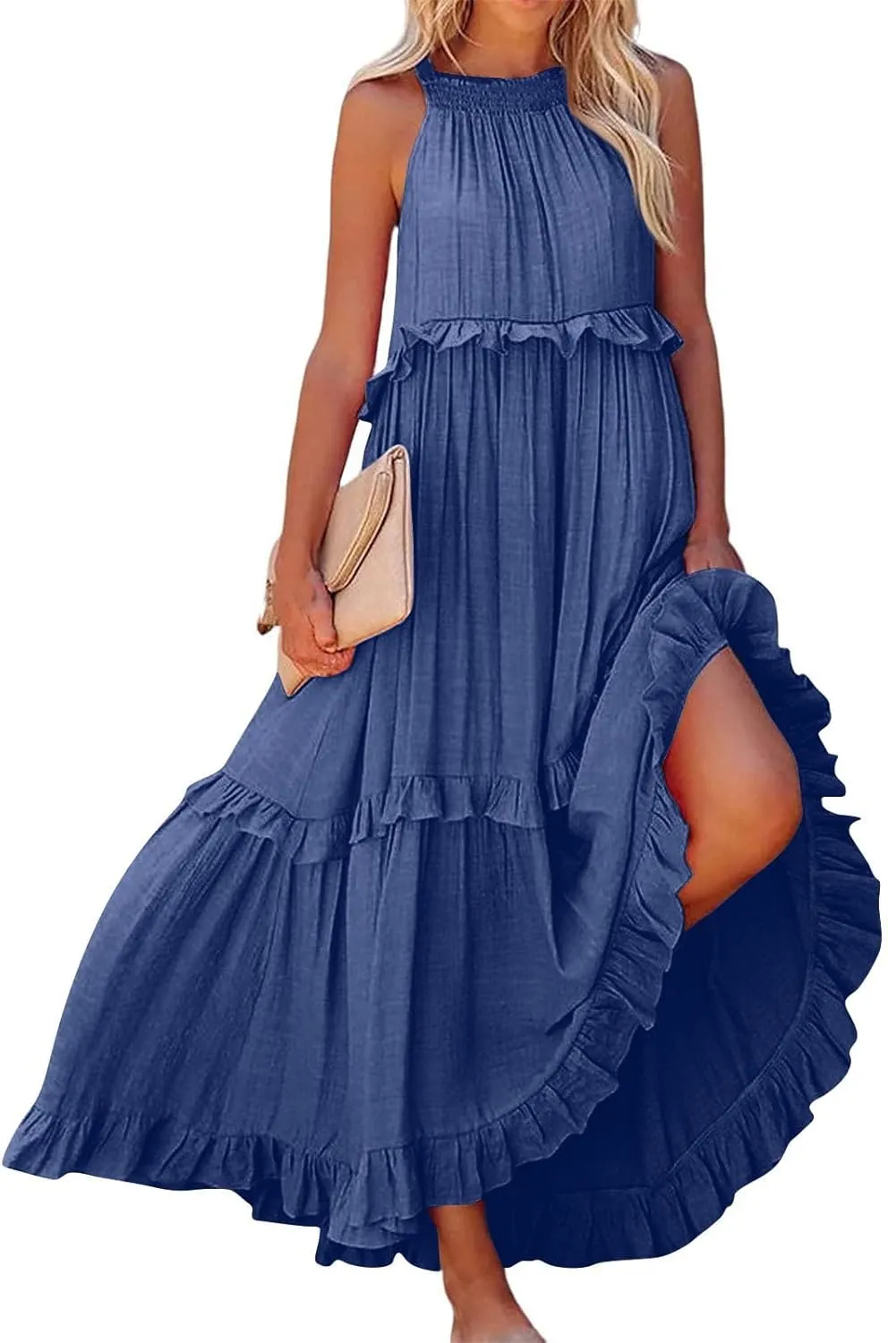 Womens Tiered Dress 2025 Summer Casual Sleeveless Tie Back Pleated Maxi Dress A Line Flowy Long Beach Sun Dresses