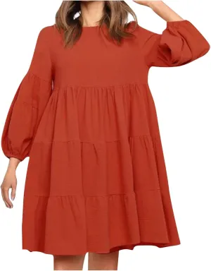 Womens Tiered Ruffle Mini Dresses Lantern Long Sleeve Crewneck A-Line Dress Casual Loose Fit Babydoll Swing Dress