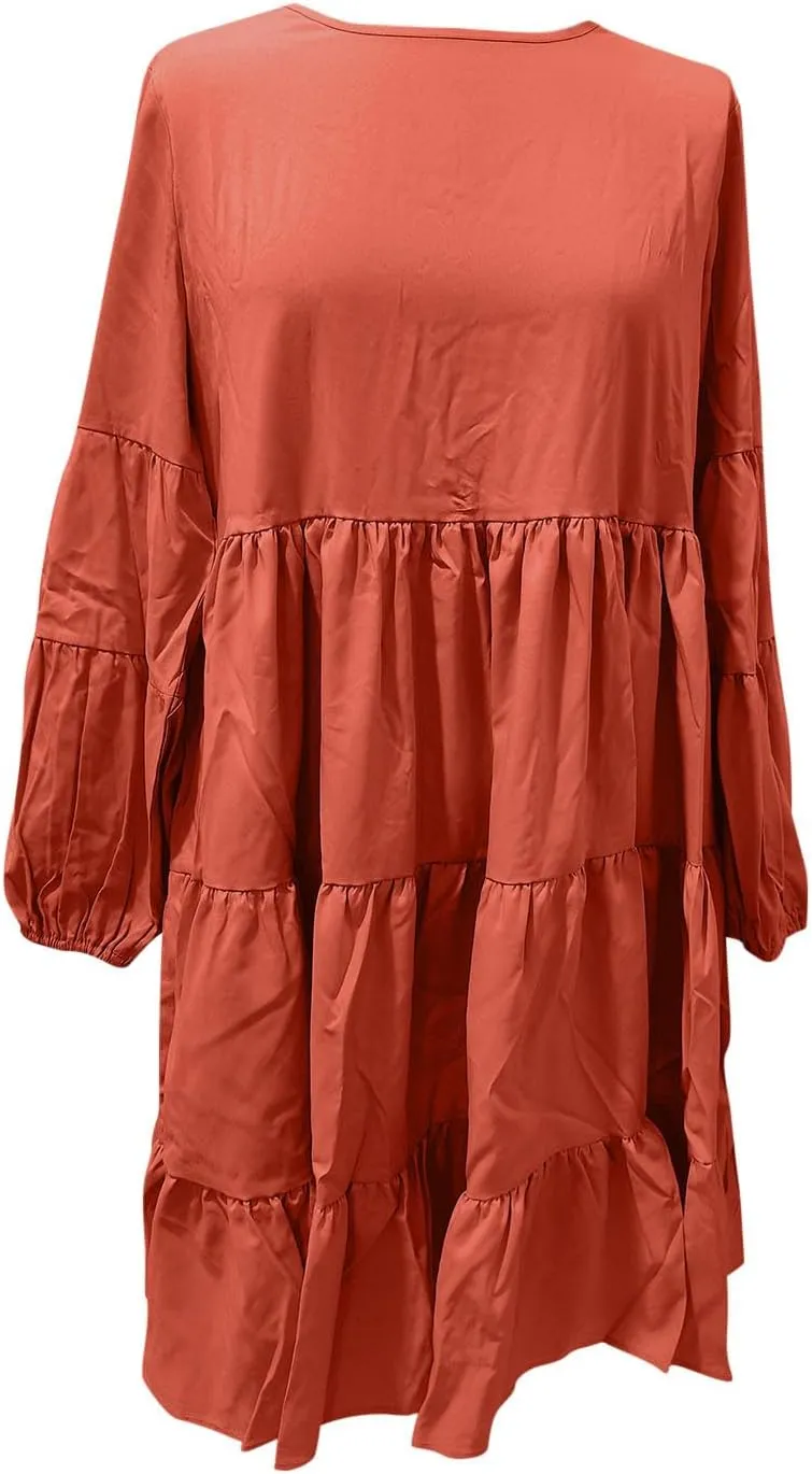 Womens Tiered Ruffle Mini Dresses Lantern Long Sleeve Crewneck A-Line Dress Casual Loose Fit Babydoll Swing Dress