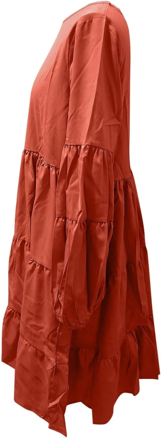 Womens Tiered Ruffle Mini Dresses Lantern Long Sleeve Crewneck A-Line Dress Casual Loose Fit Babydoll Swing Dress