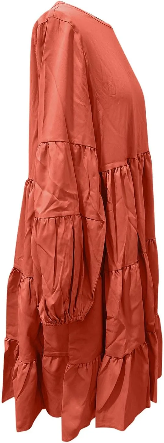 Womens Tiered Ruffle Mini Dresses Lantern Long Sleeve Crewneck A-Line Dress Casual Loose Fit Babydoll Swing Dress