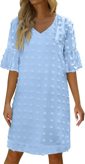 Womens V Neck Casual Vacation Dress Short Sleeve Smocked Swiss Dot Swing Ruffle Mini Beach Summer Dresses 2025 Trendy