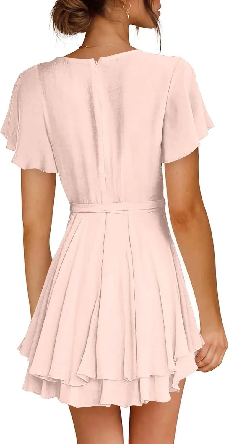 Women's Wrap V Neck Short Flared Sleeve Wedding Guest Dress Smocked Elastic Waist Tiered Ruffle Hem Mini Dress