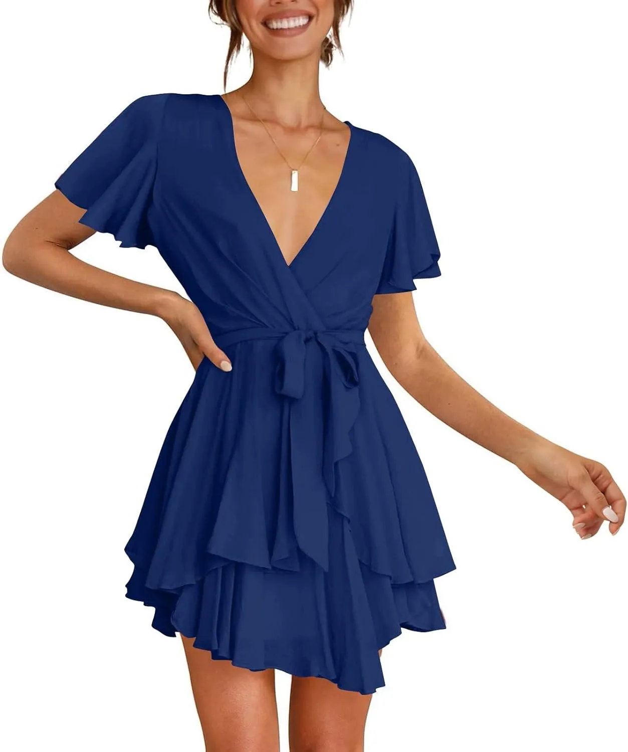 Women's Wrap V Neck Short Flared Sleeve Wedding Guest Dress Smocked Elastic Waist Tiered Ruffle Hem Mini Dress