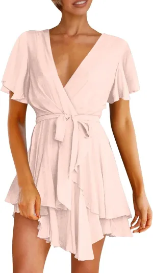 Women's Wrap V Neck Short Flared Sleeve Wedding Guest Dress Smocked Elastic Waist Tiered Ruffle Hem Mini Dress