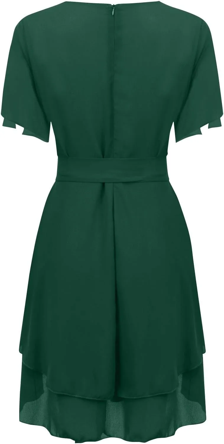 Women's Wrap V Neck Short Flared Sleeve Wedding Guest Dress Smocked Elastic Waist Tiered Ruffle Hem Mini Dress