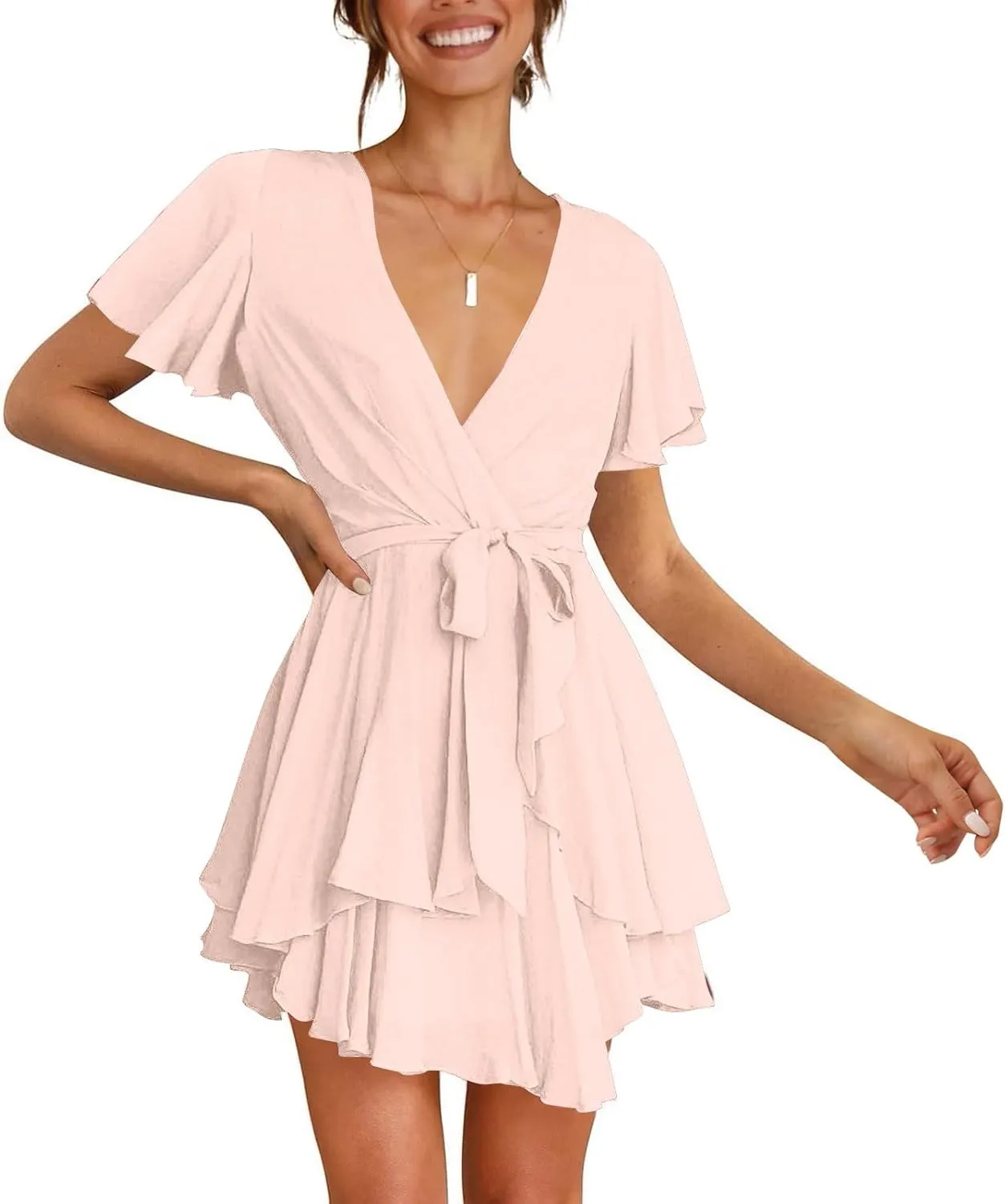 Women's Wrap V Neck Short Flared Sleeve Wedding Guest Dress Smocked Elastic Waist Tiered Ruffle Hem Mini Dress
