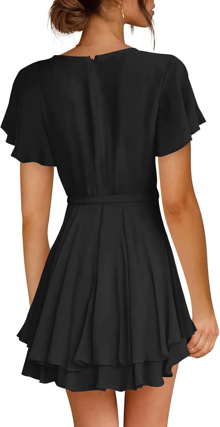 Women's Wrap V Neck Short Flared Sleeve Wedding Guest Dress Smocked Elastic Waist Tiered Ruffle Hem Mini Dress
