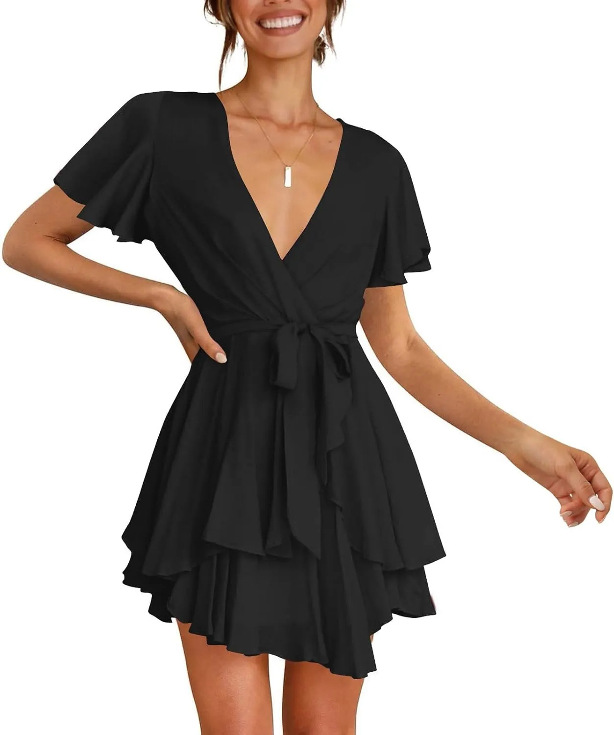 Women's Wrap V Neck Short Flared Sleeve Wedding Guest Dress Smocked Elastic Waist Tiered Ruffle Hem Mini Dress