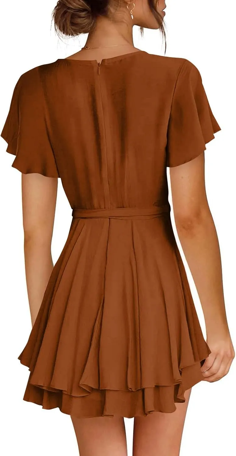 Women's Wrap V Neck Short Flared Sleeve Wedding Guest Dress Smocked Elastic Waist Tiered Ruffle Hem Mini Dress