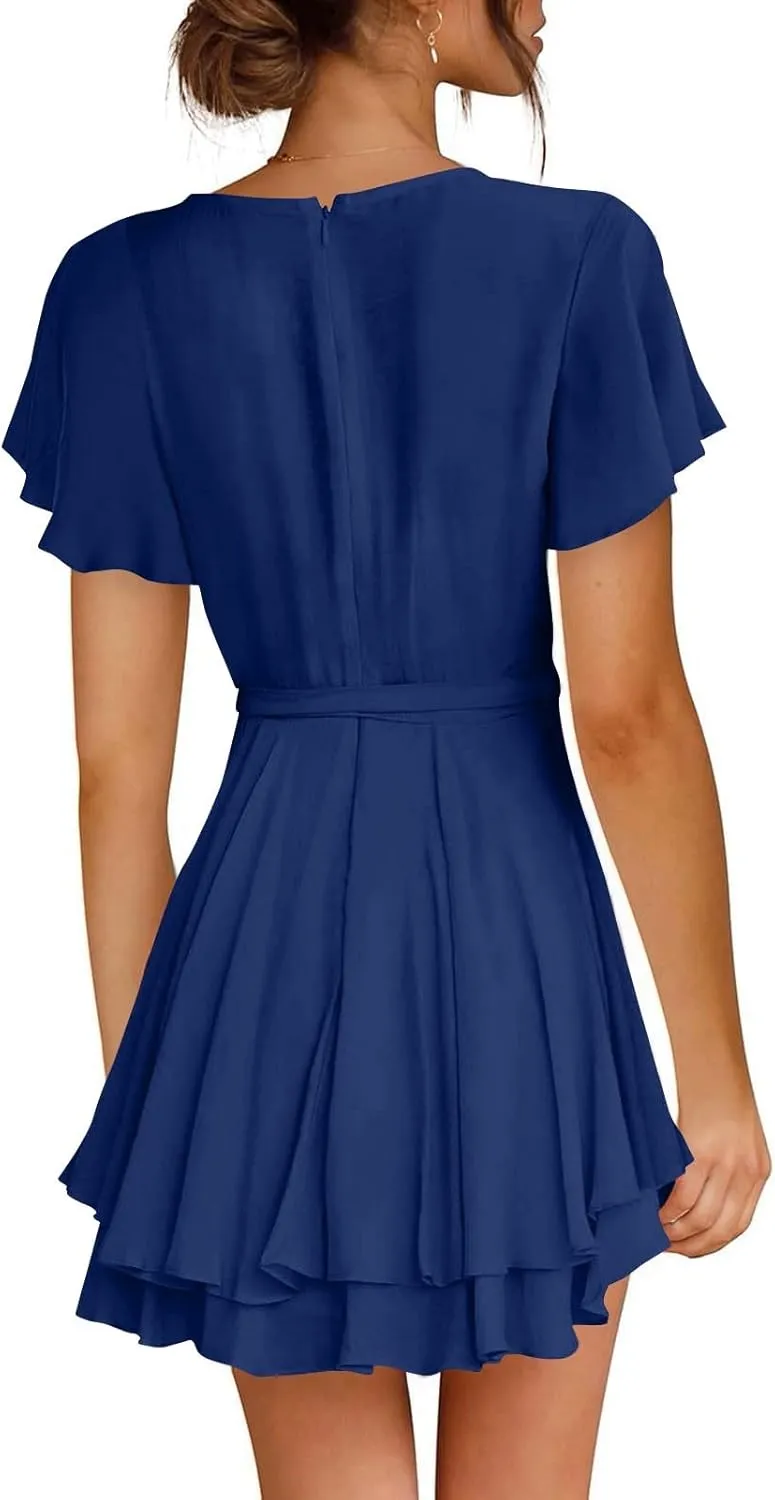 Women's Wrap V Neck Short Flared Sleeve Wedding Guest Dress Smocked Elastic Waist Tiered Ruffle Hem Mini Dress