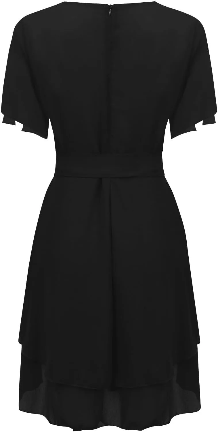 Women's Wrap V Neck Short Flared Sleeve Wedding Guest Dress Smocked Elastic Waist Tiered Ruffle Hem Mini Dress