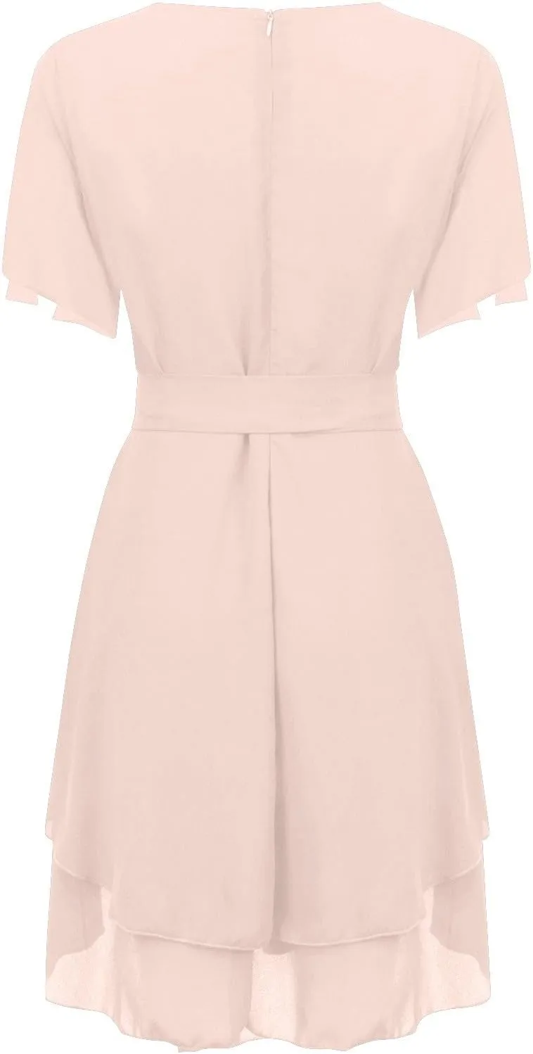 Women's Wrap V Neck Short Flared Sleeve Wedding Guest Dress Smocked Elastic Waist Tiered Ruffle Hem Mini Dress