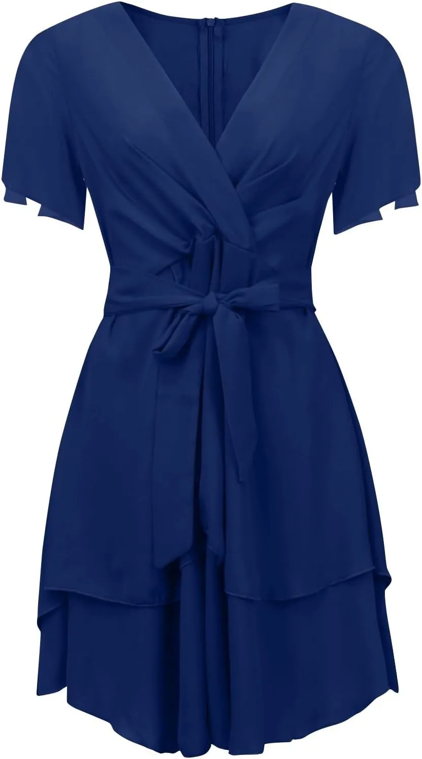 Women's Wrap V Neck Short Flared Sleeve Wedding Guest Dress Smocked Elastic Waist Tiered Ruffle Hem Mini Dress