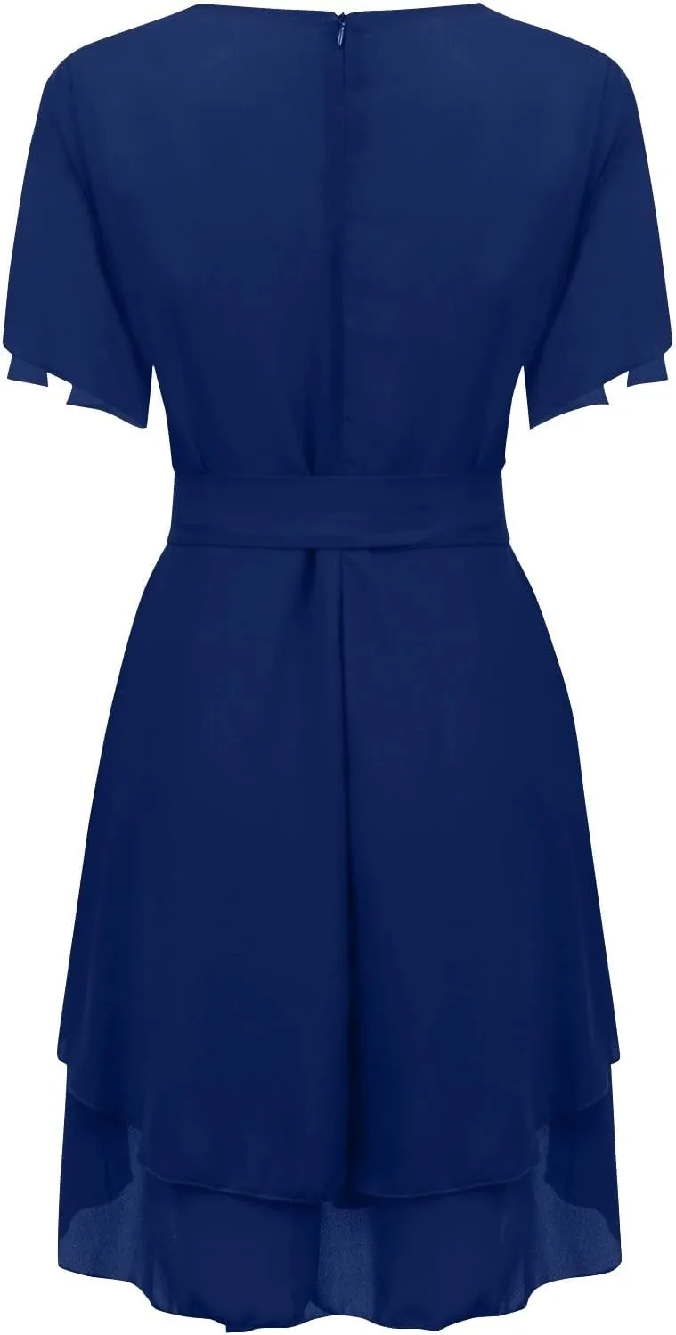 Women's Wrap V Neck Short Flared Sleeve Wedding Guest Dress Smocked Elastic Waist Tiered Ruffle Hem Mini Dress