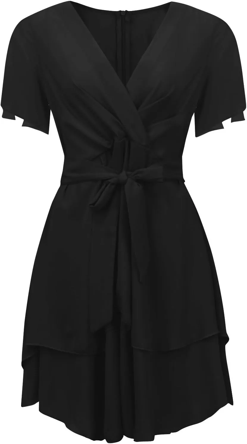Women's Wrap V Neck Short Flared Sleeve Wedding Guest Dress Smocked Elastic Waist Tiered Ruffle Hem Mini Dress