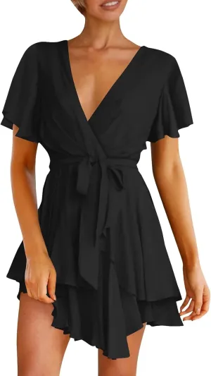 Women's Wrap V Neck Short Flared Sleeve Wedding Guest Dress Smocked Elastic Waist Tiered Ruffle Hem Mini Dress