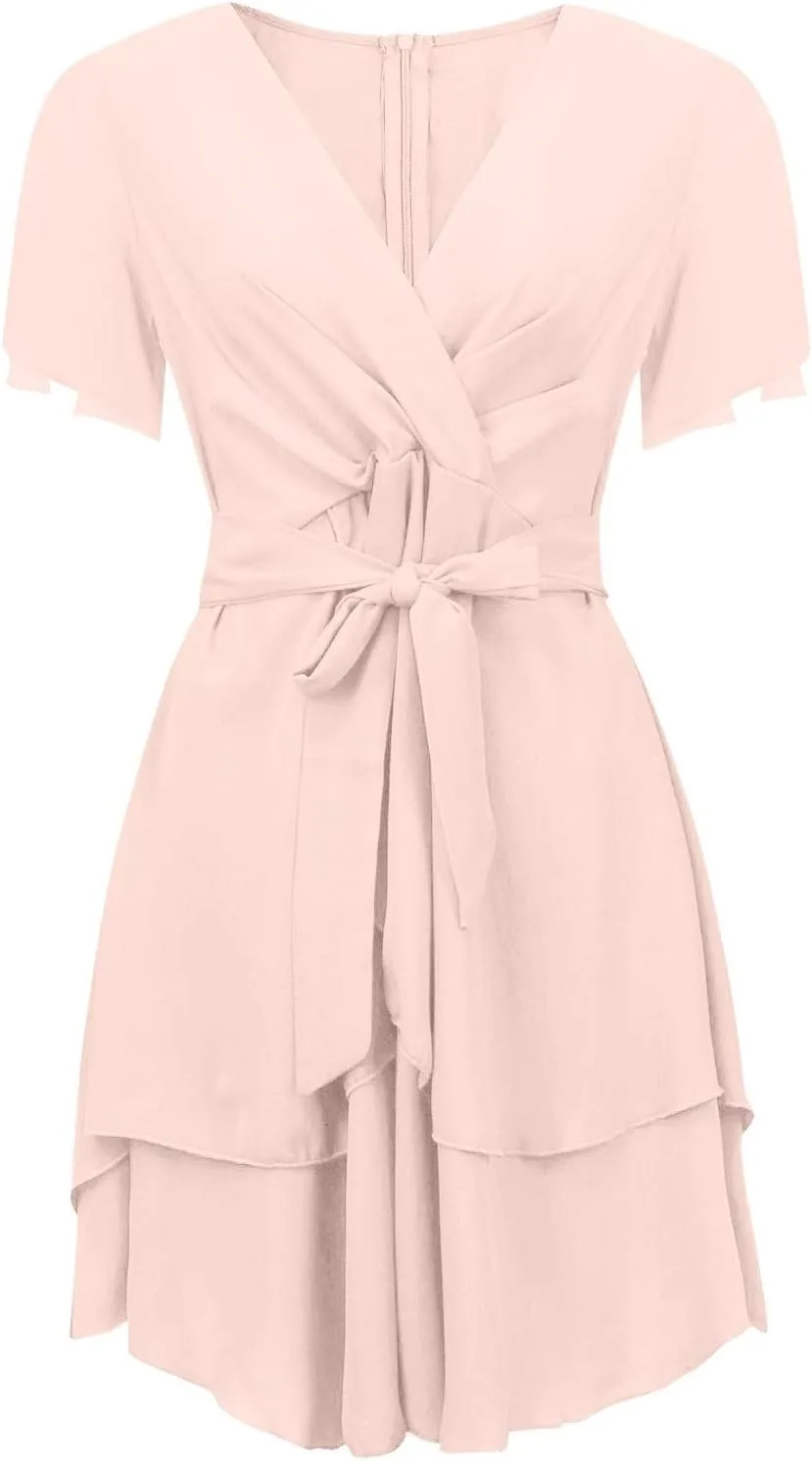 Women's Wrap V Neck Short Flared Sleeve Wedding Guest Dress Smocked Elastic Waist Tiered Ruffle Hem Mini Dress