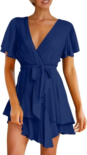 Women's Wrap V Neck Short Flared Sleeve Wedding Guest Dress Smocked Elastic Waist Tiered Ruffle Hem Mini Dress