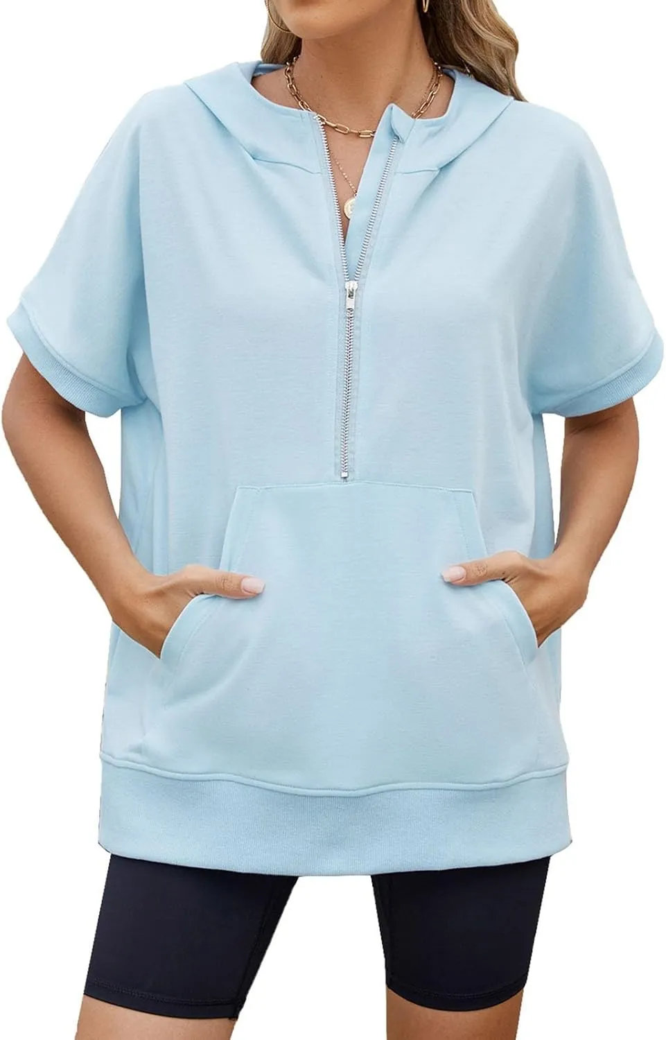 Womens Zip Up Hoodie Sweatshirt Womens Oversized Hoodies Short Sleeve Loose Fit Tops Half Zip Sweatshirt Pullover