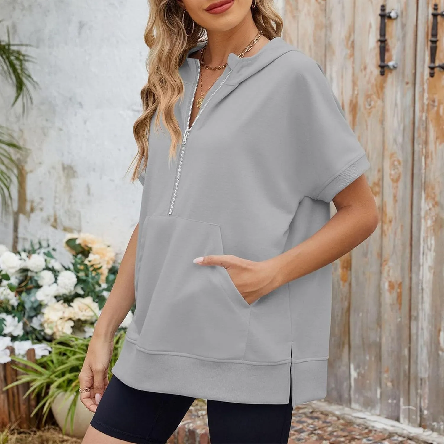 Womens Zip Up Hoodie Sweatshirt Womens Oversized Hoodies Short Sleeve Loose Fit Tops Half Zip Sweatshirt Pullover