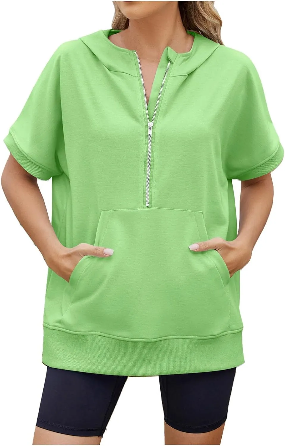 Womens Zip Up Hoodie Sweatshirt Womens Oversized Hoodies Short Sleeve Loose Fit Tops Half Zip Sweatshirt Pullover