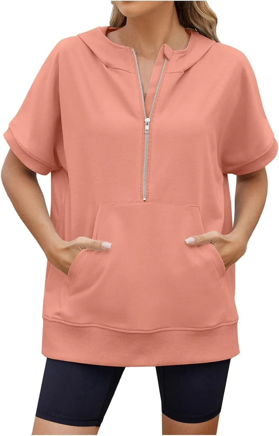 Womens Zip Up Hoodie Sweatshirt Womens Oversized Hoodies Short Sleeve Loose Fit Tops Half Zip Sweatshirt Pullover