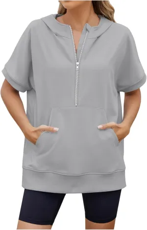 Womens Zip Up Hoodie Sweatshirt Womens Oversized Hoodies Short Sleeve Loose Fit Tops Half Zip Sweatshirt Pullover