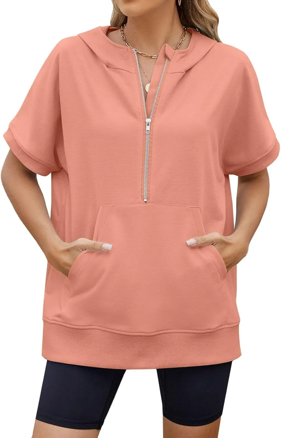 Womens Zip Up Hoodie Sweatshirt Womens Oversized Hoodies Short Sleeve Loose Fit Tops Half Zip Sweatshirt Pullover