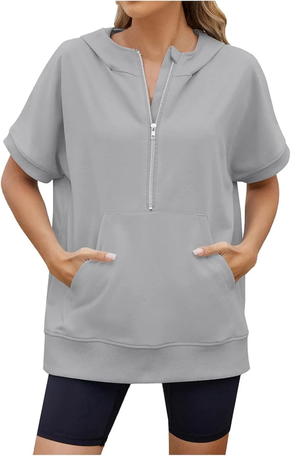 Womens Zip Up Hoodie Sweatshirt Womens Oversized Hoodies Short Sleeve Loose Fit Tops Half Zip Sweatshirt Pullover