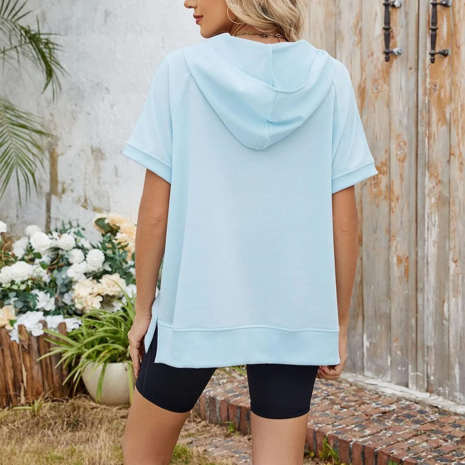 Womens Zip Up Hoodie Sweatshirt Womens Oversized Hoodies Short Sleeve Loose Fit Tops Half Zip Sweatshirt Pullover