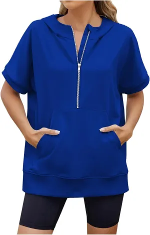 Womens Zip Up Hoodie Sweatshirt Womens Oversized Hoodies Short Sleeve Loose Fit Tops Half Zip Sweatshirt Pullover