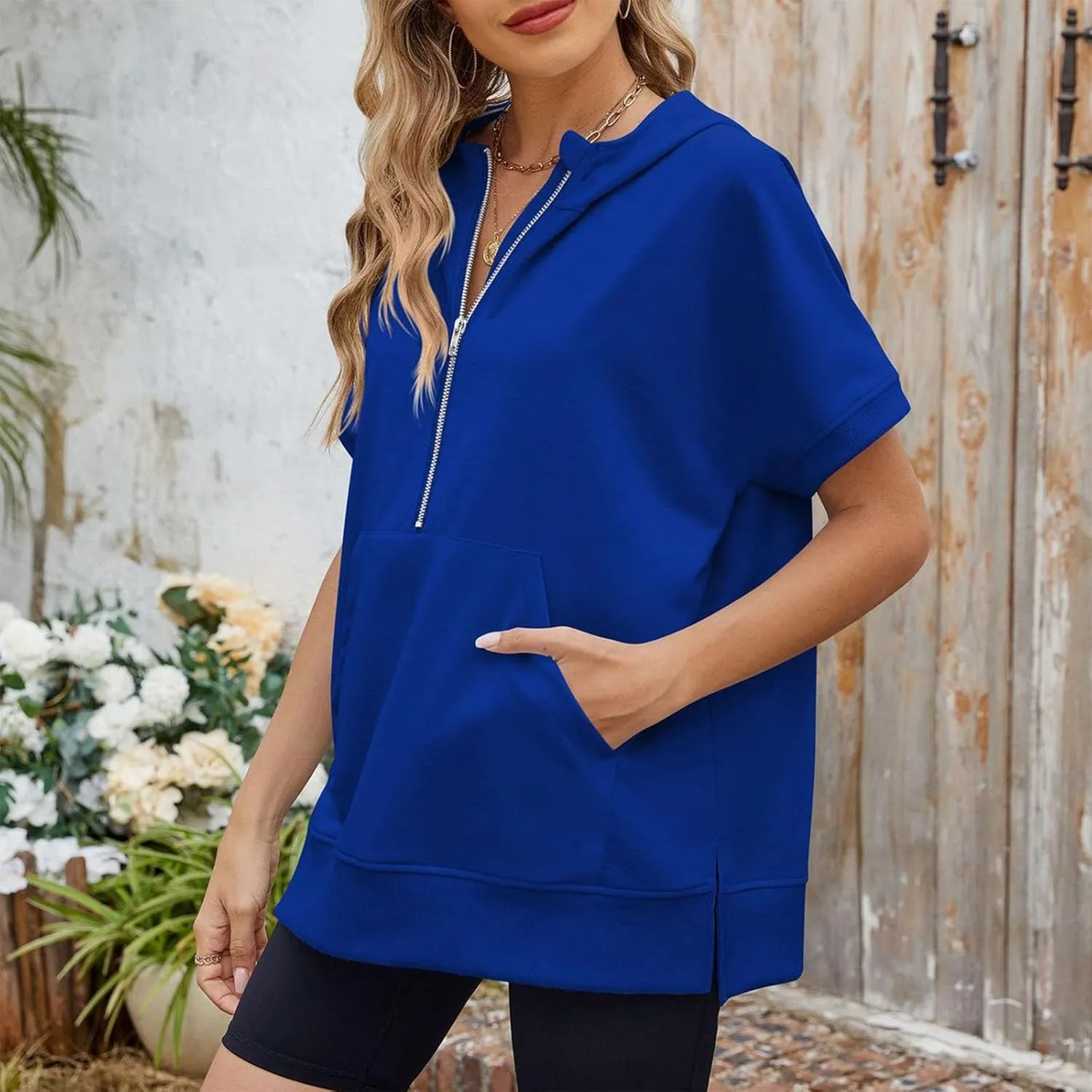 Womens Zip Up Hoodie Sweatshirt Womens Oversized Hoodies Short Sleeve Loose Fit Tops Half Zip Sweatshirt Pullover