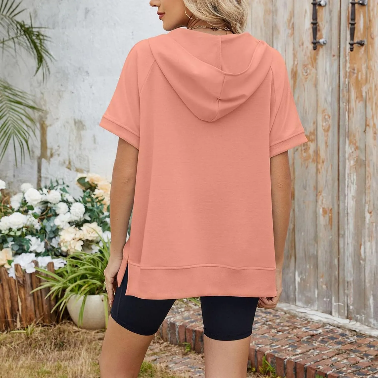 Womens Zip Up Hoodie Sweatshirt Womens Oversized Hoodies Short Sleeve Loose Fit Tops Half Zip Sweatshirt Pullover