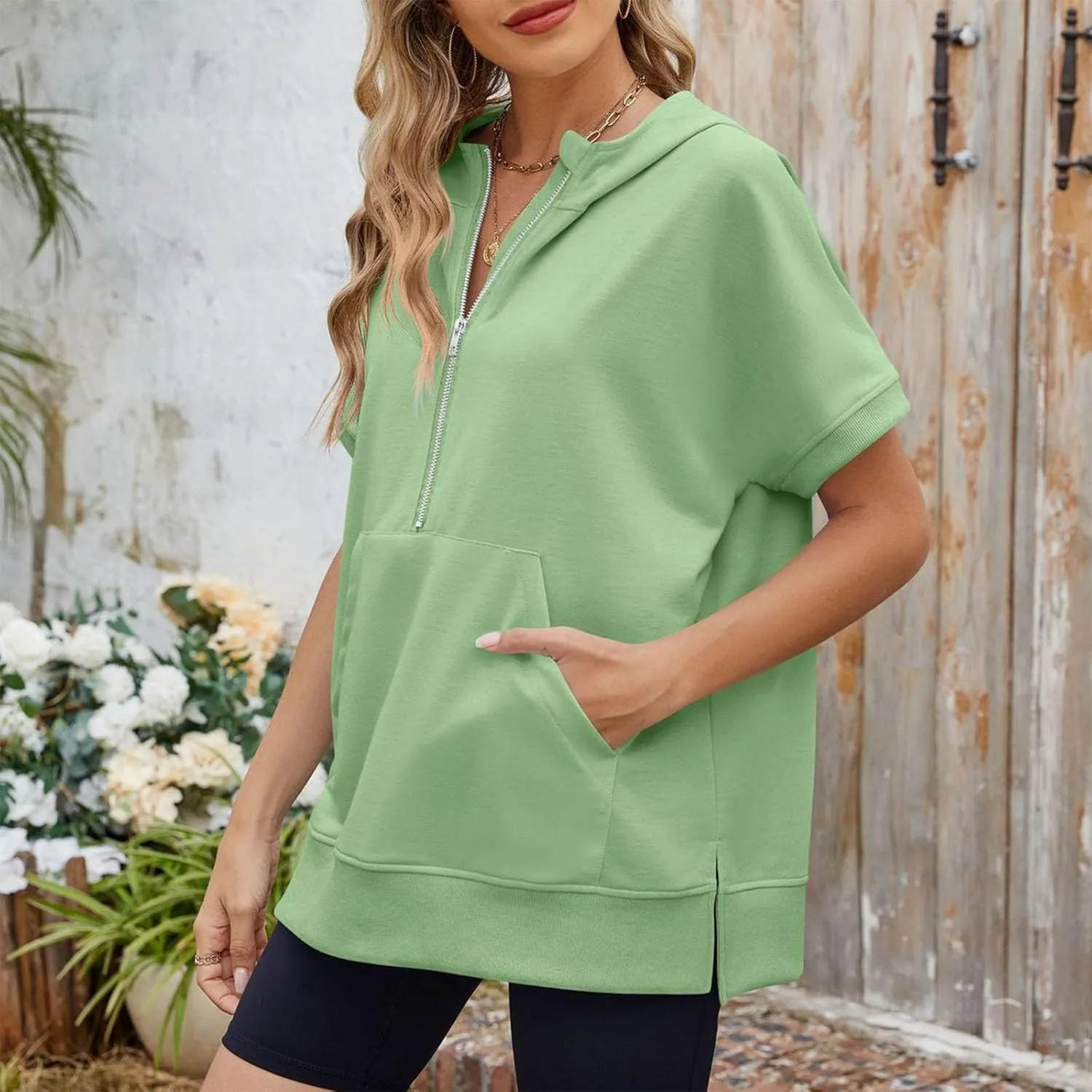 Womens Zip Up Hoodie Sweatshirt Womens Oversized Hoodies Short Sleeve Loose Fit Tops Half Zip Sweatshirt Pullover