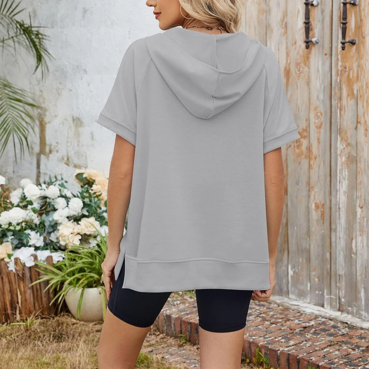 Womens Zip Up Hoodie Sweatshirt Womens Oversized Hoodies Short Sleeve Loose Fit Tops Half Zip Sweatshirt Pullover