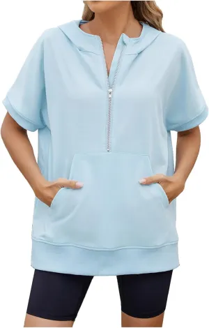 Womens Zip Up Hoodie Sweatshirt Womens Oversized Hoodies Short Sleeve Loose Fit Tops Half Zip Sweatshirt Pullover
