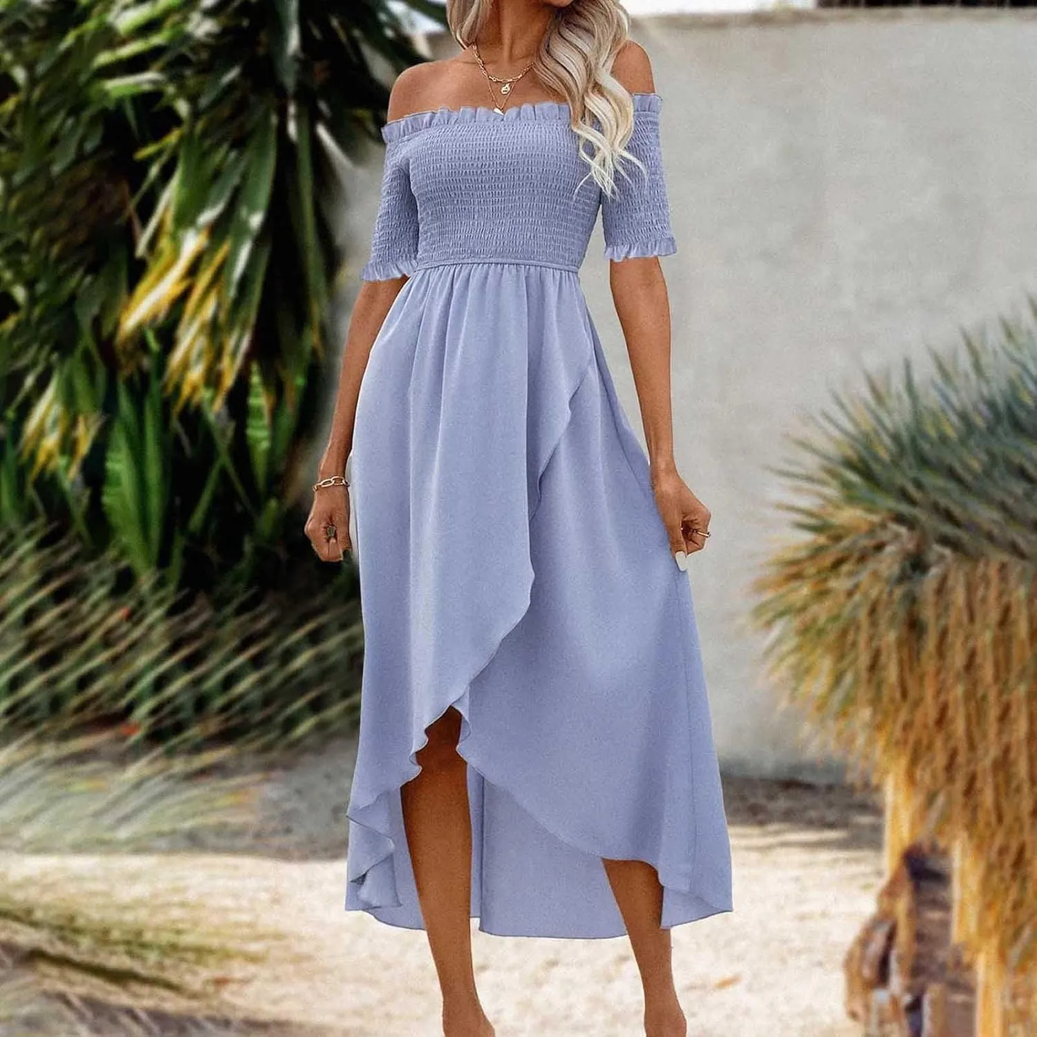 Xiaojmake Women's Boho Dresses Off Shoulder Smocked Wrap Dress Flowy High Low Ruffled Short Sleeve Summer Midi Dress