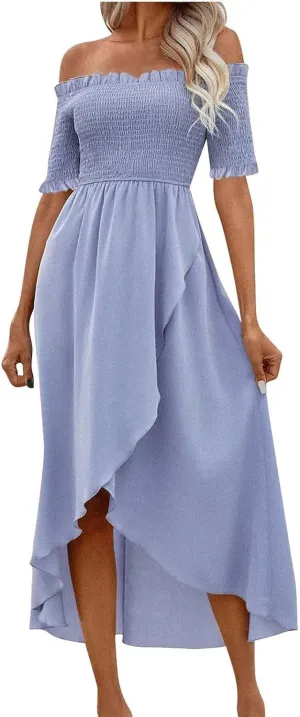 Xiaojmake Women's Boho Dresses Off Shoulder Smocked Wrap Dress Flowy High Low Ruffled Short Sleeve Summer Midi Dress
