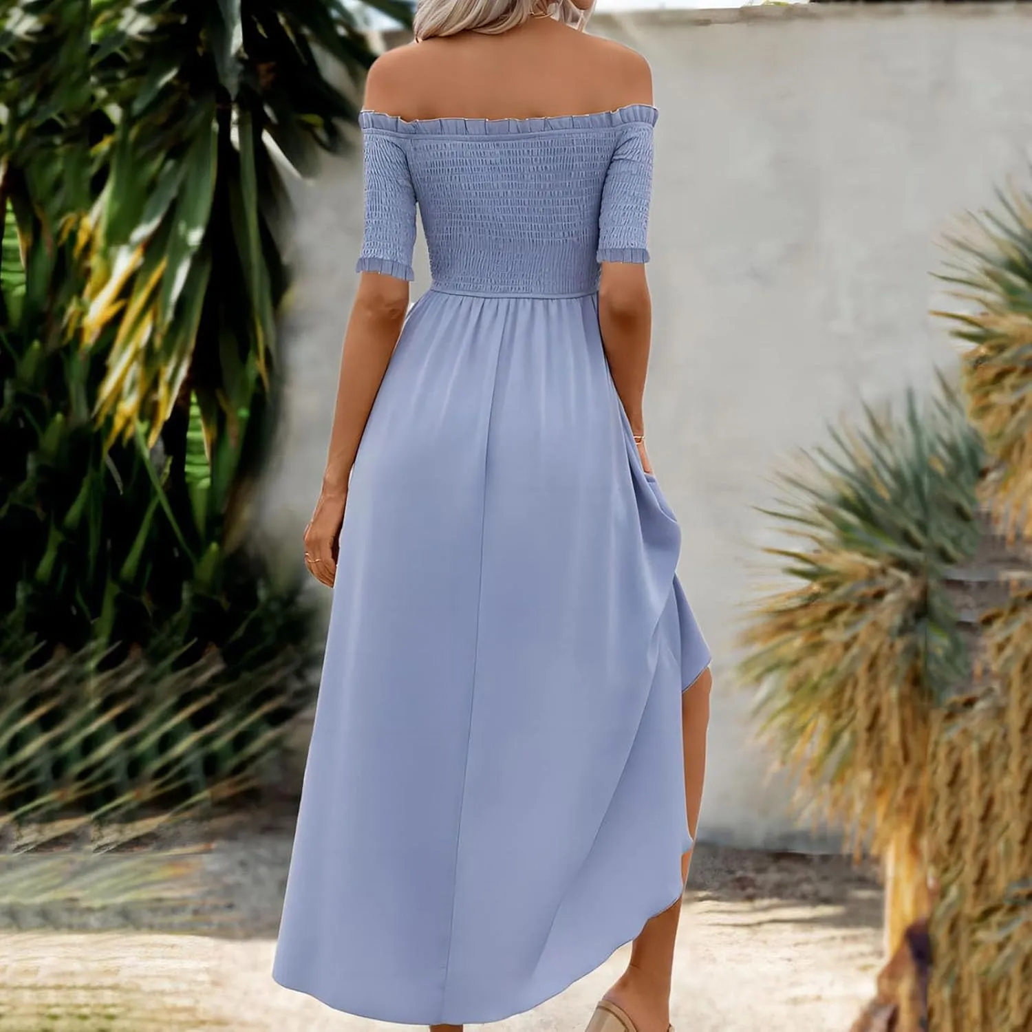 Xiaojmake Women's Boho Dresses Off Shoulder Smocked Wrap Dress Flowy High Low Ruffled Short Sleeve Summer Midi Dress