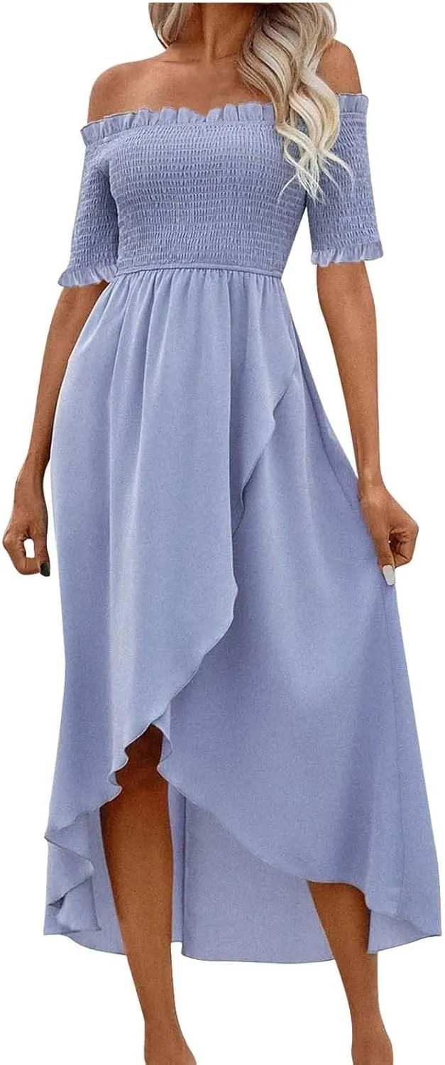 Xiaojmake Women's Boho Dresses Off Shoulder Smocked Wrap Dress Flowy High Low Ruffled Short Sleeve Summer Midi Dress